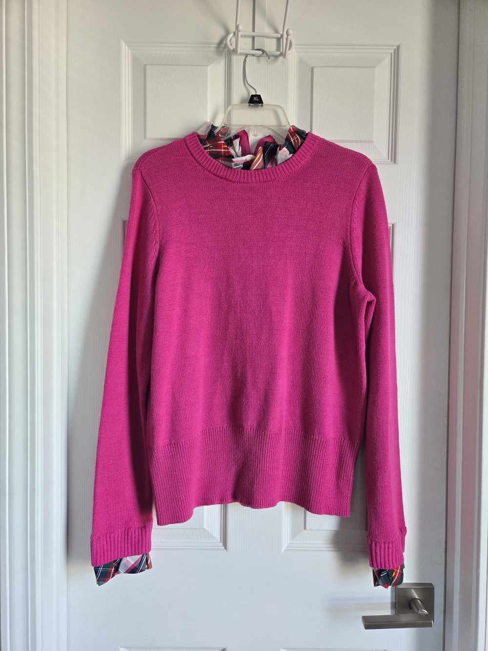 crown & ivy Vibrant Fuchsia and Tartan Crewneck Sweater